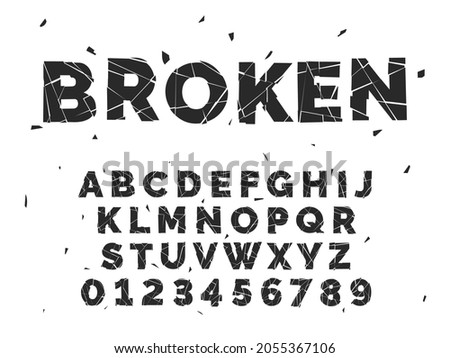 Broken alphabet. Crash font, capital latin letters and numbers, crack style english abc, smashed fragments, text design, chopped type, glass or ice pieces, black silhouette vector isolated set Royalty-Free Stock Photo #2055367106