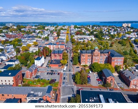Aerial view of Munjoy Hill historic district on Congress Street from downtown Portland, Maine ME, USA. 