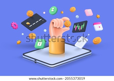 Cryptocurrency transaction and Mobile banking infographic. Send money. Bitcoin digital wallet. E-payment 3d concept. International money transfer isometric vector illustration Royalty-Free Stock Photo #2055373019