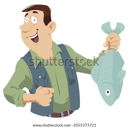 Happy fisherman. Man brags about fish he has caught.  Illustration concept for mobile website and internet development.
