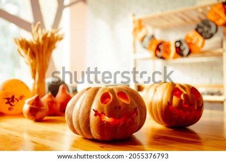 Set of orange pumpkins for halloween. Pumpkin with smile for your design for the holiday Halloween. Holidays, decoration concept.