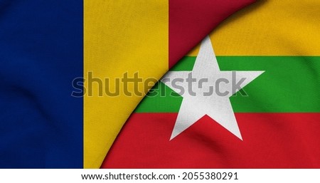 Flag of Chad and Myanmar - 3D illustration. Two Flag Together - Fabric Texture