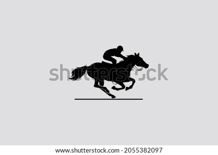 Vector illustration of race horse with jockey. Black isolated silhouette on white background. Equestrian competition logo.