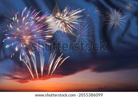Majestic fireworks in evening skyHoliday night sky with fireworks and flag of Somalia for Independence day