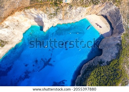 Aerial drone view of the famous Shipwreck Navagio Beach on Zakynthos island, Greece. Greece iconic vacation picture