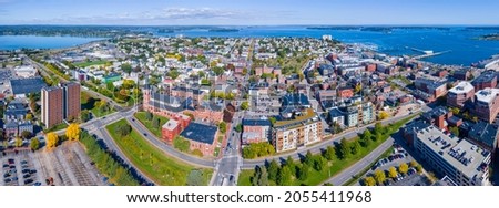 Panoramic aerial view of Munjoy Hill historic district on Congress Street and Portland Harbor from downtown Portland, Maine ME, USA. 