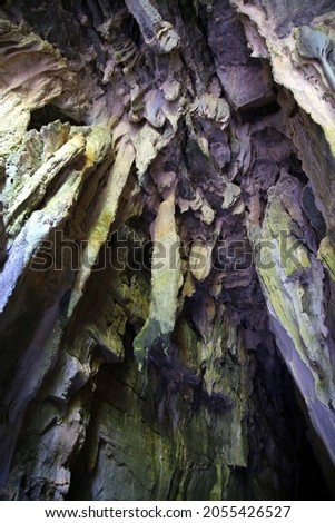Limestone outgrowths on the vault of the cave dug by the Bussento river, Morigerati, Cilento, Italy