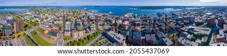 Panoramic aerial view of Munjoy Hill on the left and Portland Old Port on the right, with Fore River at the background in Portland, Maine ME, USA. 