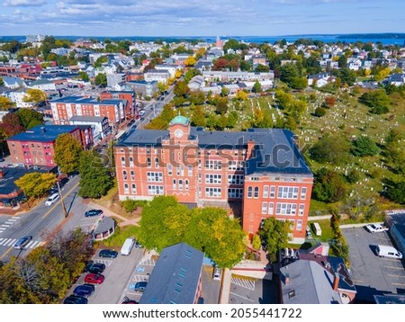 Aerial view of North School building and Eastern Cemetery on 248 Congress Street in downtown Portland, Maine ME, USA. 