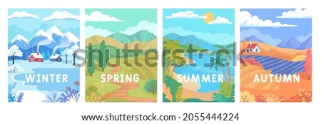 Four seasons of nature change colorful landscape vector illustration. Winter, spring, summer and autumn  Royalty-Free Stock Photo #2055444224