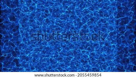Watery abstract blue background from technological particles. Clean, clear blue pool water. 4K 3D animation, copy space