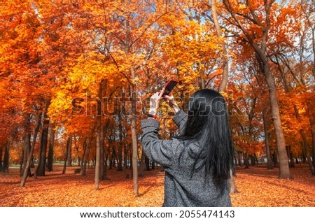 Girl with long black hair takes pictures on a smartphone of a beautiful autumn park. Autumn trees with golden foliage. Person in autumn park.