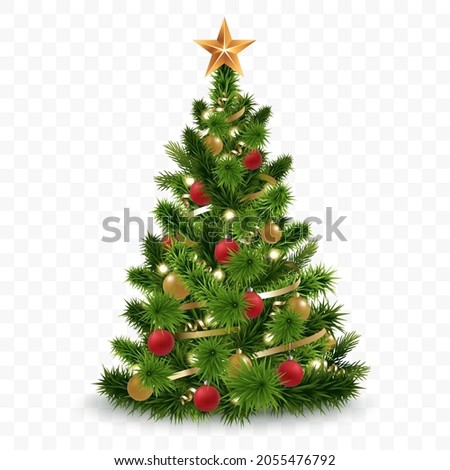 Vector christmas tree isolated on transparent background. Beautiful shining christmas tree with decorations - balls, garlands, bulbs, tinsel and a golden star at the top. Realistic style. Eps 10