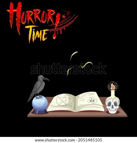 Horror Time font with magic book on the table illustration