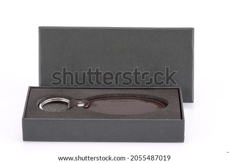 Genuine Brown leather keychain with black box
