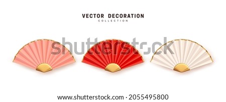 Chinese and Japanese traditional fan paper and bamboo realistic 3d design, collection in three colors pink, white and red. Set is isolated on white background. Vector illustration Royalty-Free Stock Photo #2055495800