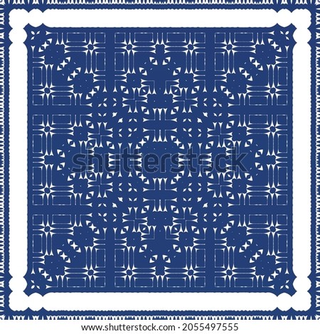 Decorative color ceramic azulejo tiles. Vector seamless pattern arabesque. Kitchen design. Blue folk ethnic ornament for print, web background, surface texture, towels, pillows, wallpaper.