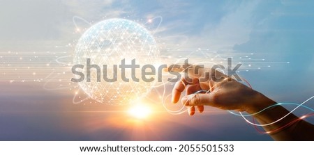 Hand of businessman touching circle global network connection and data exchanges on sunset background, Business networking with customer, Science, Innovation, Communication and technology concept. 