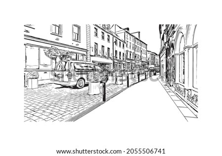 Building view with landmark of Kilkenny is a medieval town in southeast Ireland. Hand drawn sketch illustration in vector.