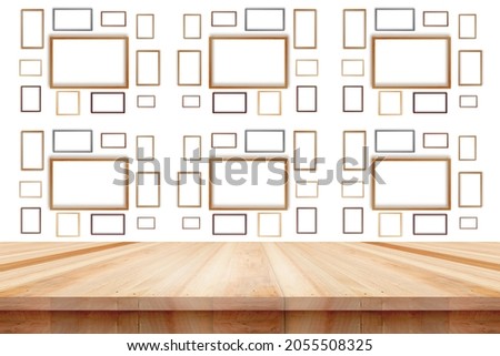 Poster or frame mock up template with office items and painting brushes on wooden table