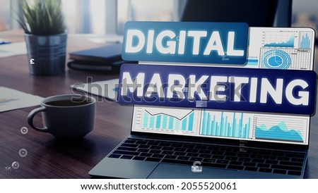 Digital Marketing Technology Solution for Online Business conceptual - Graphic interface showing analytic diagram of online market promotion strategy on digital advertising platform via social media.
