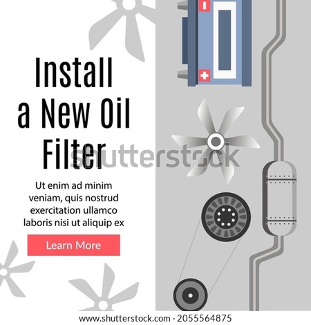 Car maintenance and automobile service online, order and install new oil filter for vehicle. Equipments and parts of auto. Promotional banner, poster with discounts and sales. Vector in flat style