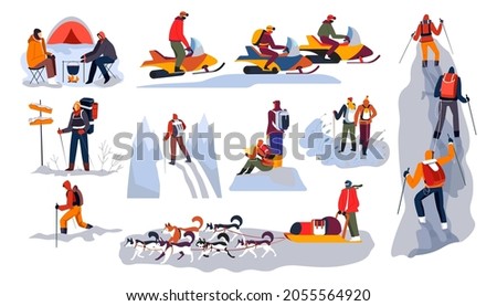 Camping and mountaineering, climbing and hiking, using jet ski and sled. Winter sports and extreme hobbies of people. Explorers and travelers with equipment. Vector in flat style illustration