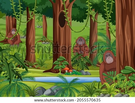 Wild animals in forest landscape background illustration