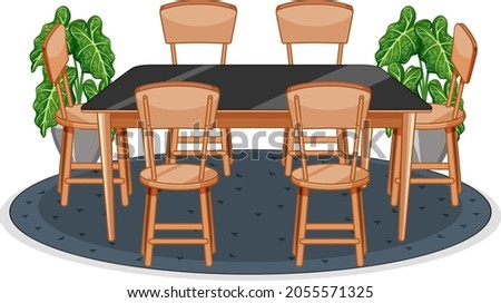 Table and six chairs on carpet illustration