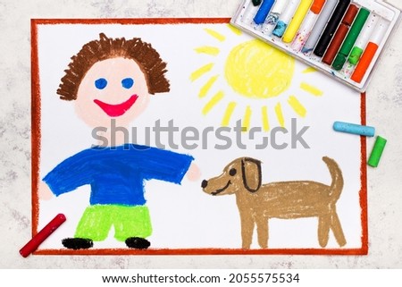 Colorful drawing: Smiling boy and his cute adopted dog