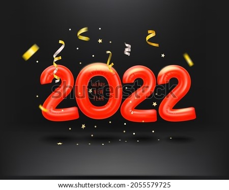 Happy New 2022 Year banner. Red air ballons in dark interior