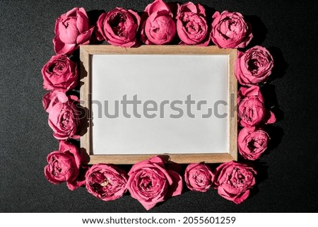 Holiday mock up, pink roses in frame for birthday, valentines mothers womans day, bouquet of flowers in the morning. Selective focus. Peonies