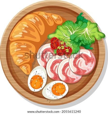 Breakfast croissant with ham and boiled egg on a plate isolated illustration