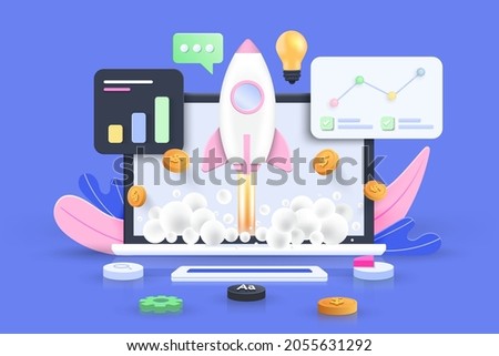 Startup concept, Software and web development with 3d shapes, bar chart, infographic on blue background. 3d Vector Illustration
