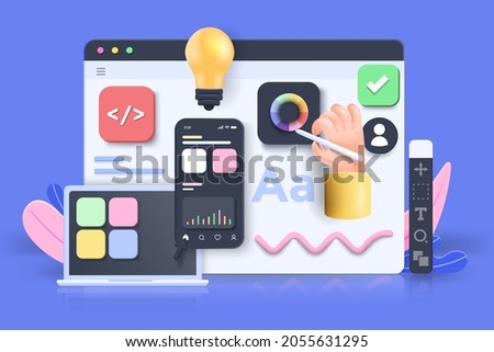 Mobile application, Software and web development with 3d shapes, bar chart, infographic on pink background. 3d Vector Illustration Royalty-Free Stock Photo #2055631295