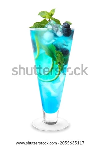 Glass of tasty blue mojito cocktail on white background Royalty-Free Stock Photo #2055635117