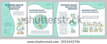 Business waste collection services mint brochure template. Flyer, booklet, leaflet print, cover design with linear icons. Vector layouts for presentation, annual reports, advertisement pages