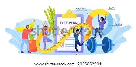 Diet plan checklist. People doing  exercise, training and planning diet with fruit and vegetable. Girl doing yoga. Nutrition weight loss diet, individual dietary. Health lifestyle, fitness Royalty-Free Stock Photo #2055652901