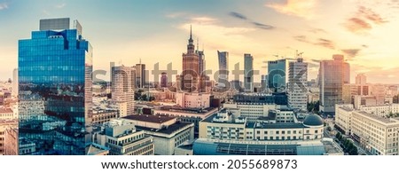 Warsaw, Poland panorama of city center at sunset Royalty-Free Stock Photo #2055689873