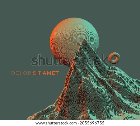 Alien fantasy landscape with rocks. Mountain peak. Futuristic backdrop in a voxel art style. Cyberspace concept. 3D vector illustration for brochure, magazine, poster, presentation, flyer or banner.