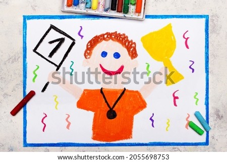 Colorful drawing:  Smiling boy holdilng a winner's cup. First place winner. 