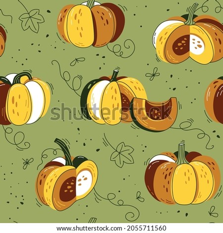 Pumpkins - vector illustration, seamless pattern. Background for fabric, textile, wallpaper, posters, gift wrapping paper, napkins, packaging, tablecloths. Scandinavian style. 