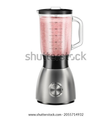 Realistic Juicer blender with healthy smoothie. Steel mixer with strawberry detox smoothie. Cooking food electronics equipment, kitchenware device. Isolated 3d vector Royalty-Free Stock Photo #2055714932