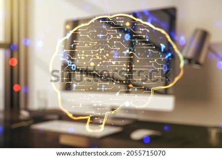 Creative artificial Intelligence concept with human brain hologram on modern laptop background. Multiexposure