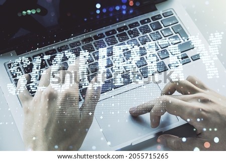 Cyber security creative concept with hands typing on computer keyboard on background. Double exposure