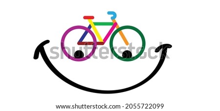 Colored cycling logo with happy facer. Color cyclist banner, walppaper or card. Cycling icon. Funny vector bike pictogram or sign. Sport symbol. Red, yellow, green, blue colors