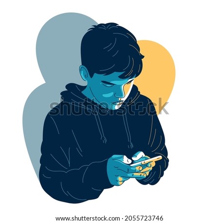 Young teenager boy uses his phone vector illustration isolated on white, phone or internet addiction concept, serious thinking teen boy with smartphone. Royalty-Free Stock Photo #2055723746