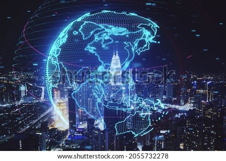 Glowing digital blue globe hologram on night city backdrop. Internet, earth and future concept. Double exposure