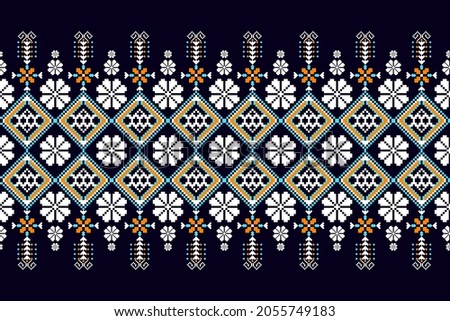 Very beautiful cross stitch geometric ethnic oriental pattern traditional on black background.Aztec style embroidery vector.ancient art of arabesque.bandana print,blue,white,orange,texture,fabric,rug.