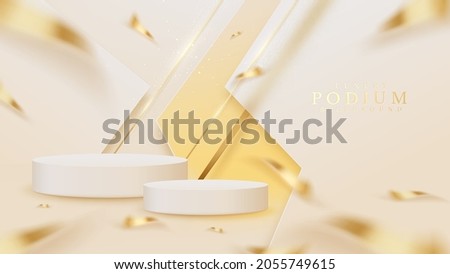 Product show podium with sparkle golden diagonal line and blurred ribbon elements, 3d realistic luxury style background. Royalty-Free Stock Photo #2055749615